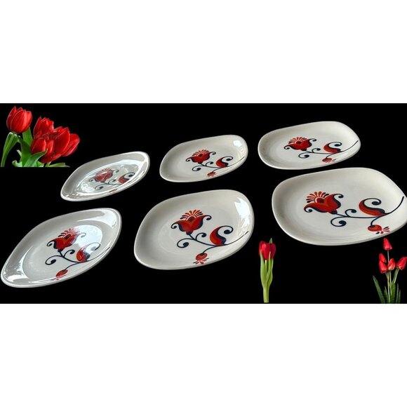 VTG 70s Block Langenthal Transition Bread Plates 6 piece Red Floral Pop Art - Picture 5 of 12